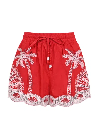 Farm Rio Red Palm Trees Embroidered Shorts