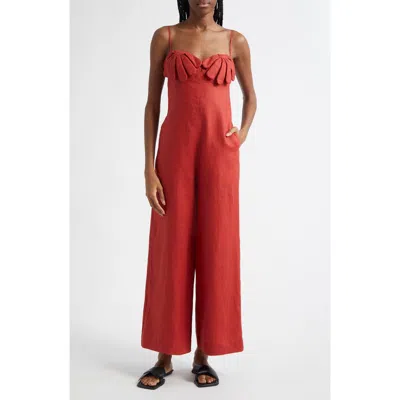 Farm Rio Red Petals Cup Wide Leg Linen Jumpsuit