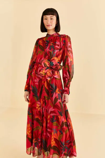 Farm Rio Red Rooster Leaves Long Sleeve Maxi Dress In Rooster Leaves Red |  ModeSens