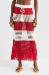 Farm Rio Red Stripes Crochet Cotton Cover-up Maxi Skirt In Red