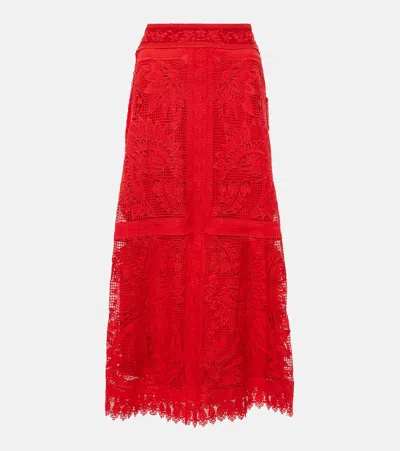 Farm Rio Red Toucan Guipure Lace Midi Skirt