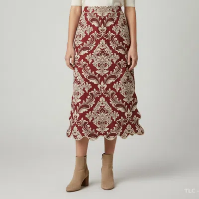 Pre-owned Farm Rio Red/beige Floral Jacquard Waves Midi Skirt M