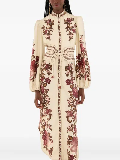 Farm Rio Renata Floral Long Sleeve Midi Dress In Sand In Neutral