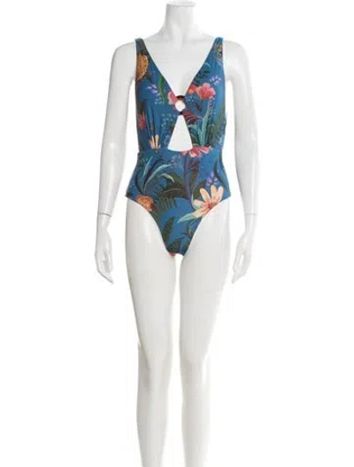 Pre-owned Farm Rio Reversible Floral Print One-piece In Blue