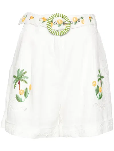 Farm Rio Richelieu Bead-detailed Embroidered Shorts In White