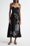 Farm Rio Black Richelieu Lace Euroflax Premium Linen Midi Dress In Black