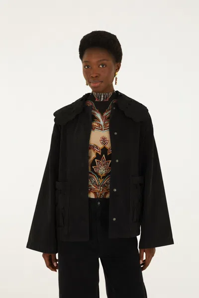 Farm Rio Richelieu Denim Barn Jacket In Black Denim