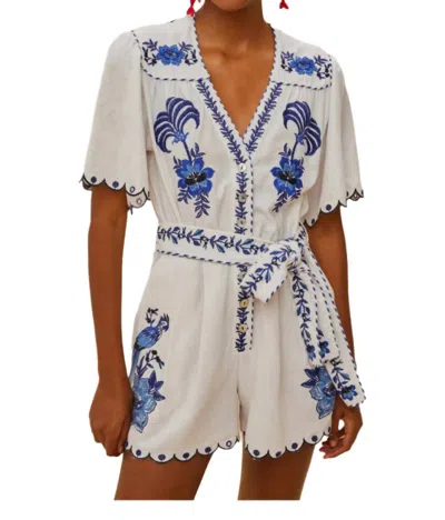 Farm Rio Richelieu Embroidered Romper In Blue Delicate Forest In Gray