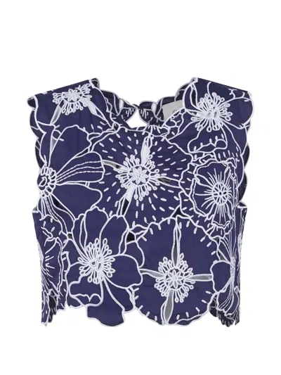 Farm Rio Embroidered Floral Cotton Crop Top In Blue