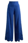 Farm Rio Richelieu Embroidery Detail Linen Blend Pants In Blue