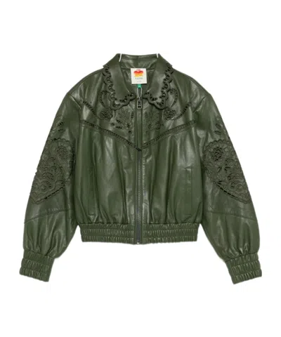 Farm Rio Richelieu Heart Embroidered Zip-up Jacket In Green