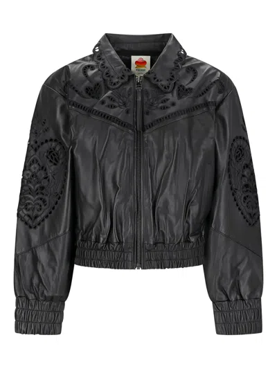 Farm Rio Richelieu Heart-shape Cut-out Leather Jacket In Black