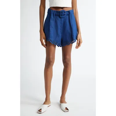 Farm Rio Richelieu Lace Detail Linen Shorts In Navy Blue