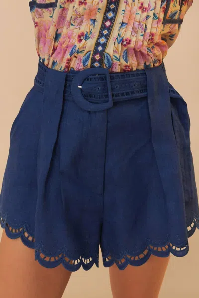 Farm Rio Richelieu Linen Shorts In Navy Blue