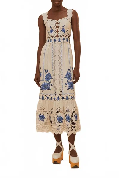 Farm Rio Cross Stitch Richeliue Sunflower Midi Dress Off-white