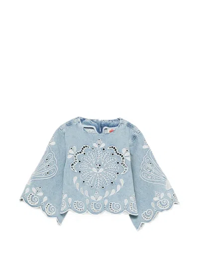 Farm Rio Richelieux Geometric-embroidered Blouse In Blue
