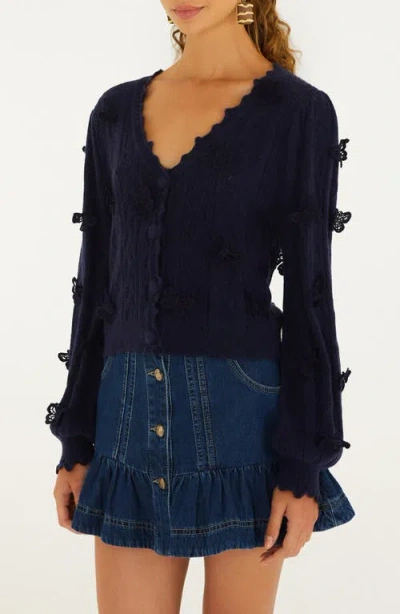 Farm Rio Richielieu 3-d Butterfly Detail Cardigan In Blue