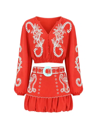 Farm Rio Richilieu Embroidered Cropped Blouse In Red