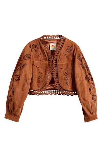 Farm Rio Richilieu Embroidered Genuine Leather Crop Jacket In Brown