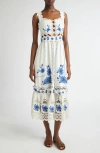 Farm Rio Richilieu Embroidered Linen Blend Midi Sundress In Off-white