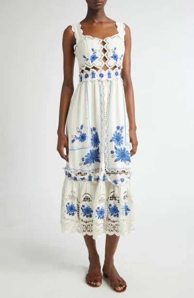 Farm Rio Richilieu Embroidered Linen Blend Midi Sundress In Off-white