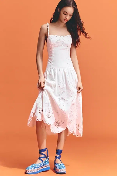 Farm Rio Richilieu Linen-blend Sleeveless Eyelet Midi Dress