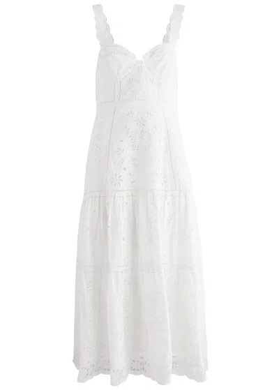 Farm Rio Richelieu Tiered Broderie Anglaise Cotton Midi Dress In Off White