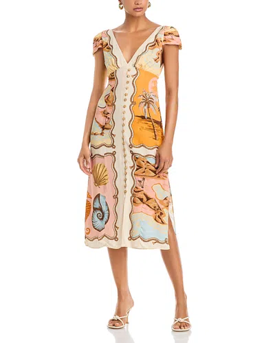 Farm Rio Rio Souvenir Mixed Scarf Print Satin Midi Dress In Multi