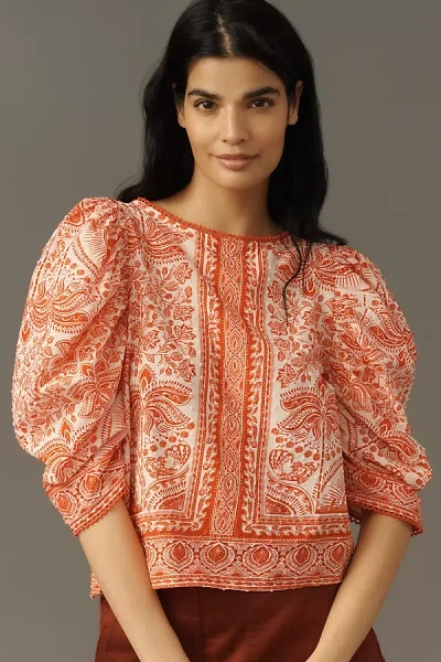 Farm Rio River Ride Cotton Puff-sleeve Blouse In Multi
