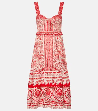 Farm Rio River Ride Linen-blend Bustier Dress In Red