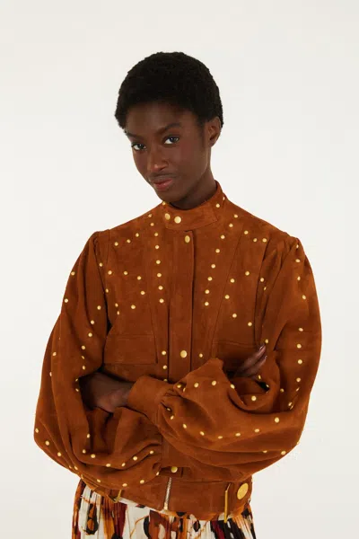 Farm Rio Riveted Buttoned Leather Jacket In Brown