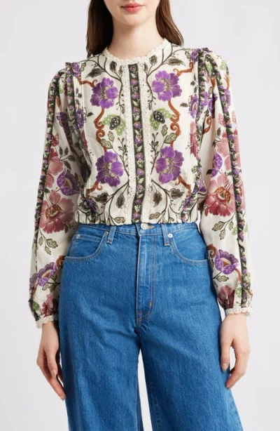 Farm Rio Rococo Floral Lace Trim Blouse In Purple