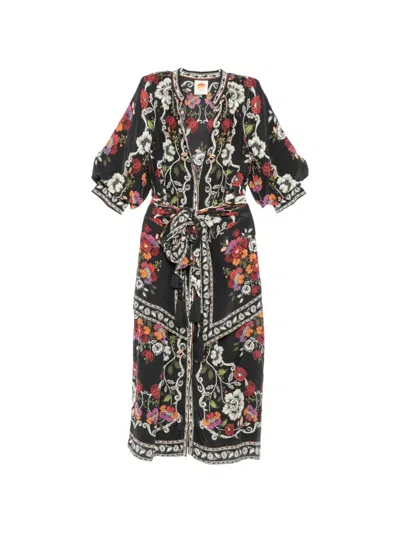Farm Rio Rococo Flowers Belted Midi Dress In Black In Multi