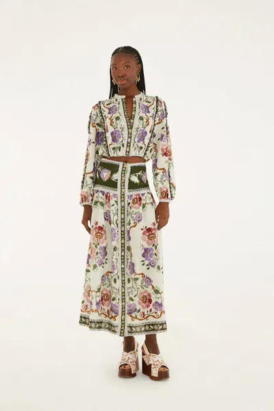Farm Rio Rococo Flowers Lace-trimmed Printed Cotton-blend Midi Skirt In Multi