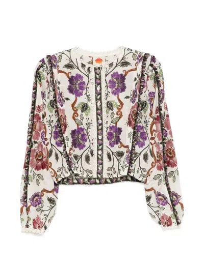 Farm Rio Rococo Flowers Lace-trimmed Printed Cotton-blend Blouse In Multi