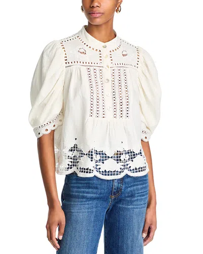 Farm Rio Romantic Richelieu Puffed Sleeve Blouse In Off-white