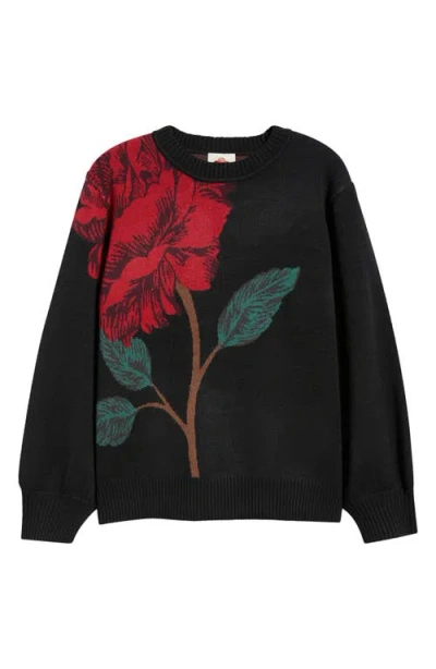 Farm Rio Rosalia Floral Jacquard Crewneck Sweater In Black