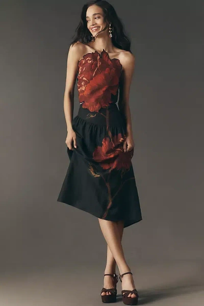 Farm Rio Rosalia Linen Blend Strapless Midi Dress In Black