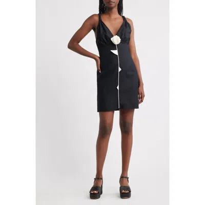 Farm Rio Rose Pipe Detail Sleeveless Linen Blend Sheath Minidress In Black