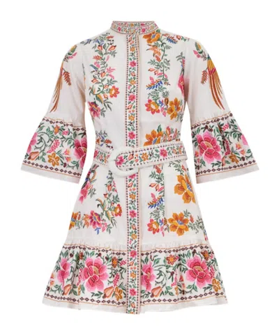 FARM RIO FLORAL-EMBROIDERED BELTED MINI DRESS