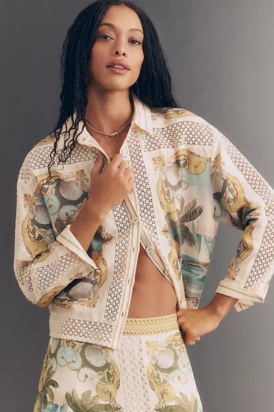 Farm Rio Graphic-print Crochet-panel Shirt In Pink