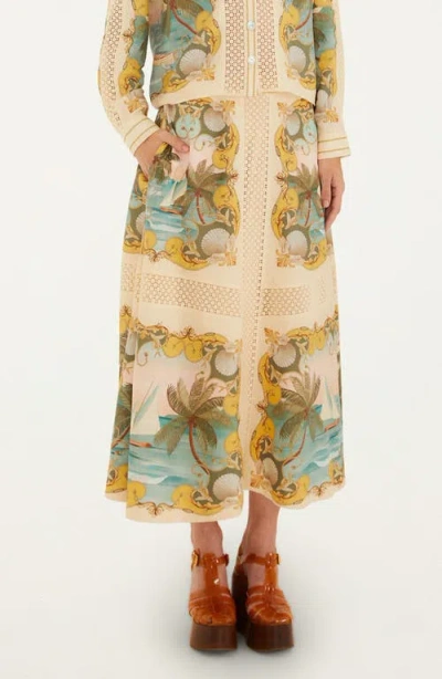 Farm Rio Royal Sea Crochet Trim Midi Skirt In Multi