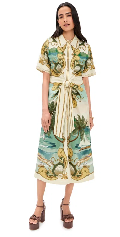 Farm Rio Royal Sea Tie-detailed Lace-trimmed Printed Linen-blend Midi Dress In Multi
