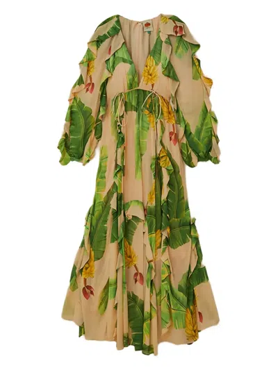 Farm Rio Ruffled Banana-print Maxi Dress In Neutral