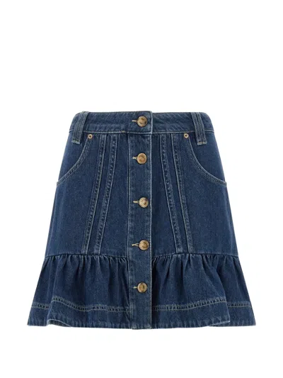 Farm Rio Ruffled Button-front Denim Mini Skirt In Blue