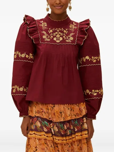 Farm Rio Metallic Embroidered Cotton-poplin Blouse In Multi