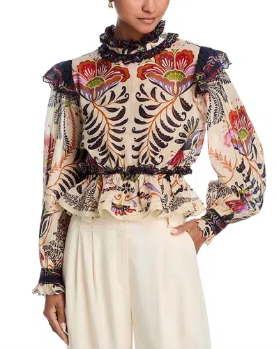 Farm Rio Ruffled Long Sleeve Blouse In Nature Sand In Classic Nature Sand