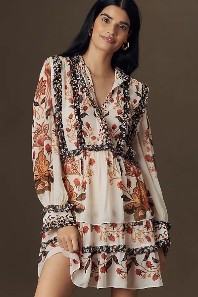 Farm Rio Ruffled Mock-neck Mini Dress In Sand
