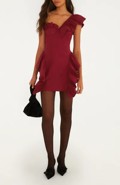 Farm Rio Ruffled One-shoulder Minidress In Dark Red