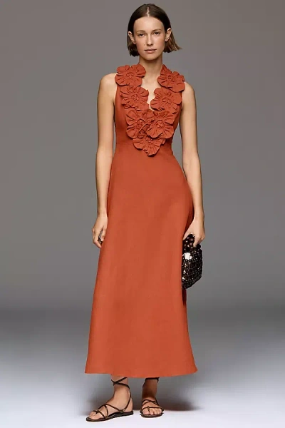 Farm Rio Ruffled Sleeveless Linen Maxi Dress In Brown